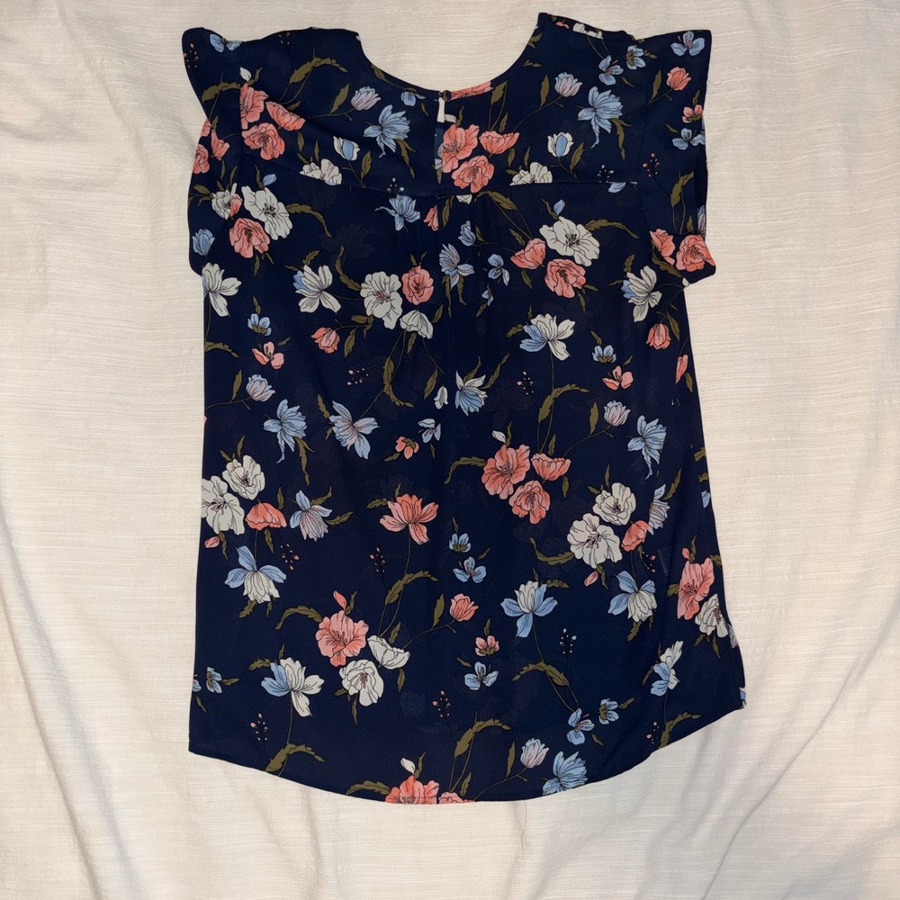 Navy Floral Flutter-Sleeve Blouse